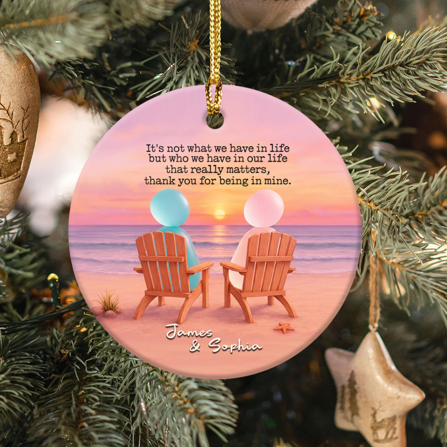 Personalized Sunset Sea Glass Couple Ceramic Ornament, Custom Christmas Ornament for Couple