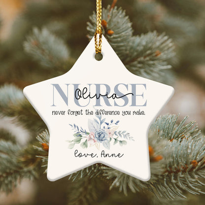 Never Forget The Difference You Made Custom Name Nurse Ceramic Ornament - Star Shape Ornament with Floral Design