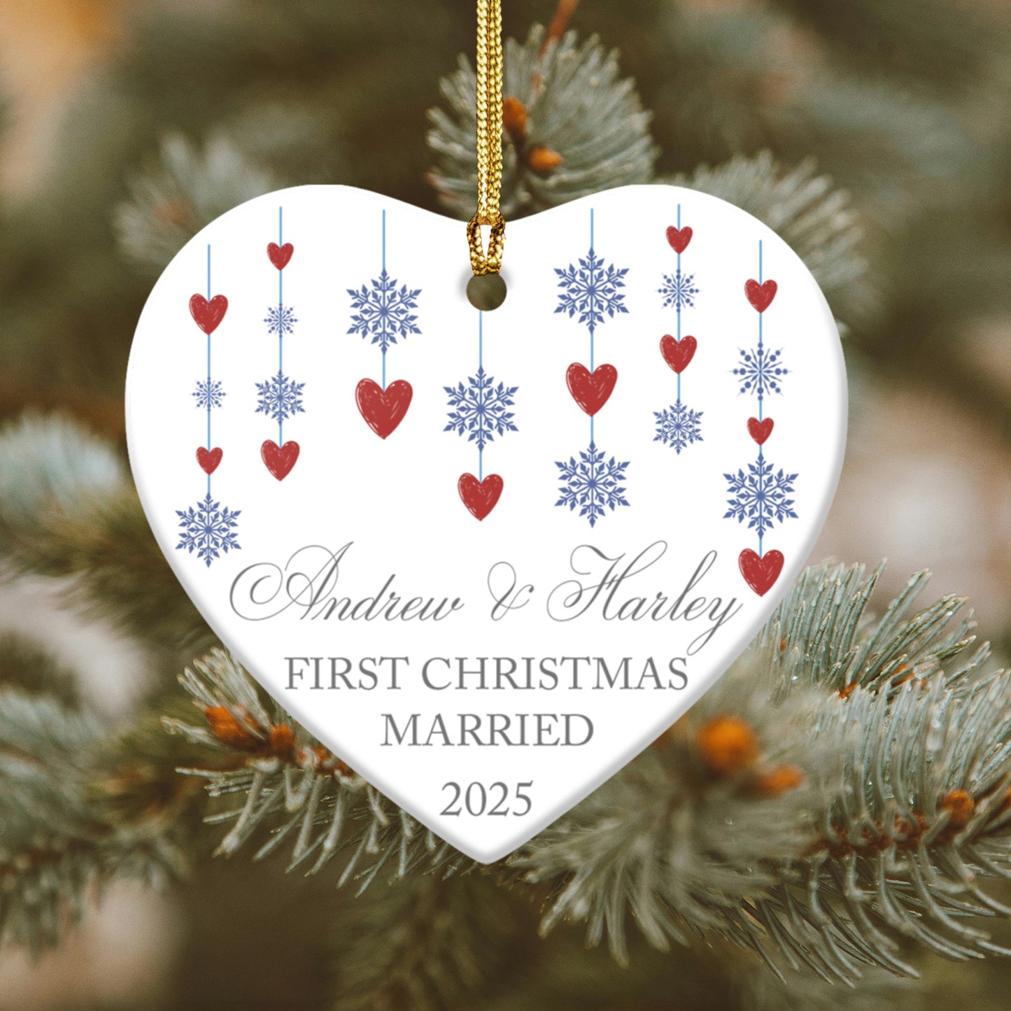 First Christmas Married Ceramic Ornament – Custom Couple's Names Ornament