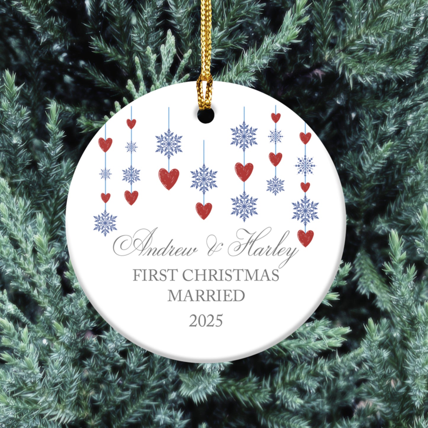 First Christmas Married Ceramic Ornament – Custom Couple's Names Ornament
