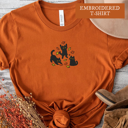 Black Cats and Fall Leaves, Embroidered Autumn Cat T-shirt, Cute Fall T-shirt, Cozy Cat Lover Gift, Autumn Aesthetic