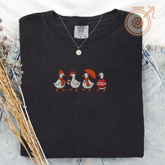 Just A Fall Goose Vintage Autumn EmbroideredT-shirt, Autumn Cozy Vibe Outfit, Embroidered Clothing
