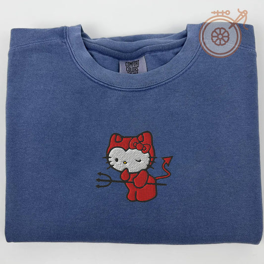 Devil Kitty Embroidered T-shirt, Cute Character Embroidered Tee
