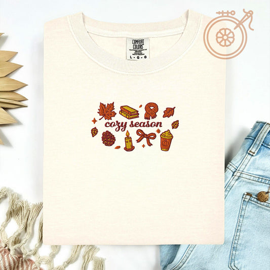 Autumn Cozy Season Embroidered T-shirt, Fall Vibes Aesthetic