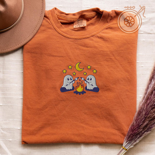 Camping Ghost Autumn Themed Embroidered T-shirt, Fall Season Cozy Vibe Outfit