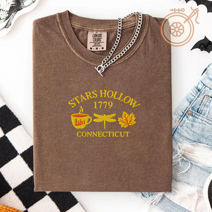 Stars Hollow Connecticut 1779 Embroidered T-shirt, Autumn Vibes Cozy Season Embroidered Tee