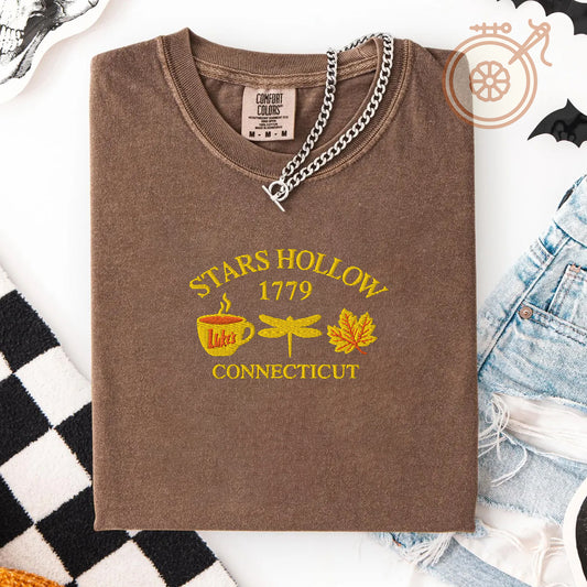 Stars Hollow Connecticut 1779 Embroidered T-shirt, Autumn Vibes Cozy Season Embroidered Tee