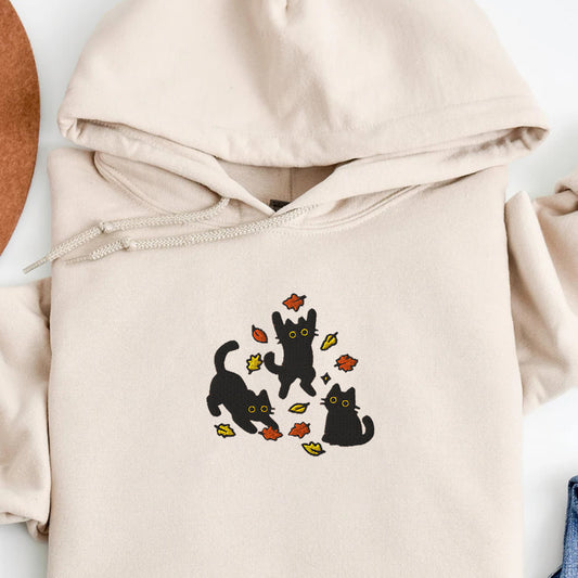Black Cats and Fall Leaves, Embroidered Autumn Cat Hoodie, Cute Fall Hoodie, Cozy Cat Lover Gift, Autumn Aesthetic
