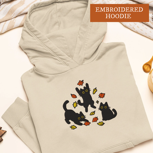 Black Cats and Fall Leaves, Embroidered Autumn Cat Premium Hoodie, Cute Fall Hoodie, Cozy Cat Lover Gift, Autumn Aesthetic