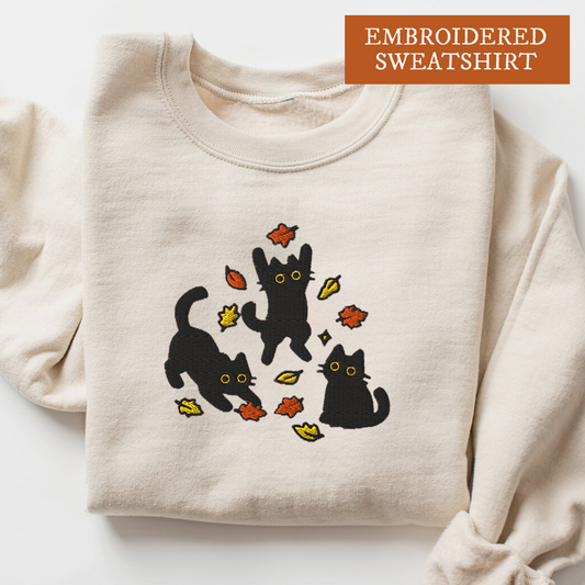 Black Cats and Fall Leaves, Embroidered Autumn Cat Premium Sweatshirt, Cute Fall Sweatshirt, Cozy Cat Lover Gift, Autumn Aesthetic