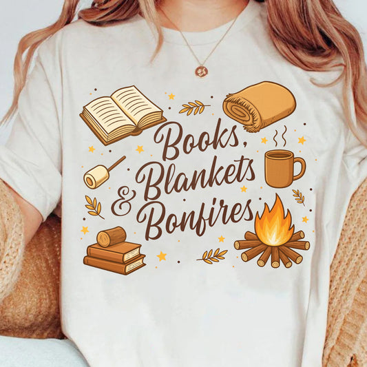 Books, Blankets & Bonfires Cozy Season Classic Tee, Autumn Vibe Casual Wear