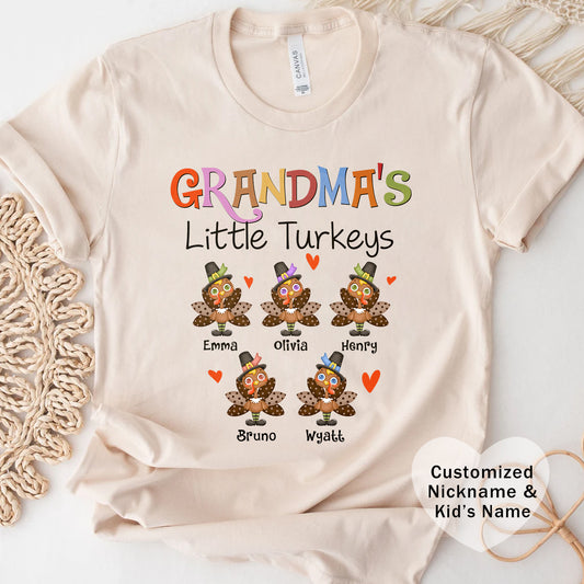 Grandma's Little Turkeys Custom Tee - Family Thanksgiving Shirt, Cute Holiday Apparel, Personalized Gift for Mom & Grandma