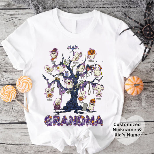 Halloween Boo Tree Custom T-shirt - Personalised Name Halloween Shirt, Gift for Grandma, Fun T-Shirt, Family Reunion Apparel