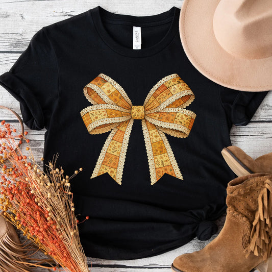 Autumn Patch Work Bow Bibbon Classic T-shirt, Fall Vibe Cozy Season Tee