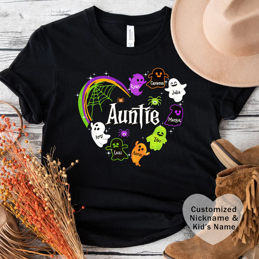 Halloween Custom T-shirt for Mom, Aunt, Grandma, Cute Ghost Personalised Kid's Name T-Shirt, Spooky Vibes, Perfect for Halloween Celebrations, Gift for Aunts, Casual Wear