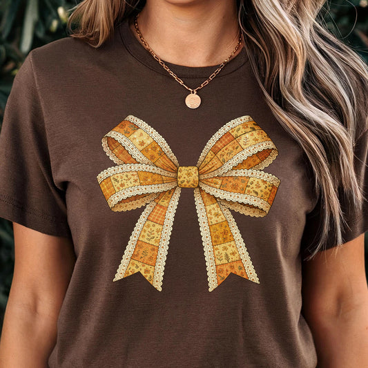 Autumn Patch Work Bow Bibbon Classic T-shirt, Fall Vibe Cozy Season Tee
