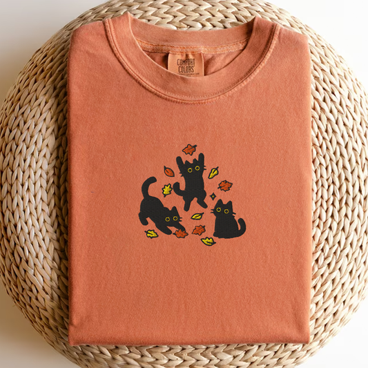 Black Cats and Fall Leaves, Embroidered Autumn Cat T-shirt, Cute Fall Shirt, Cozy Cat Lover Gift, Autumn Aesthetic