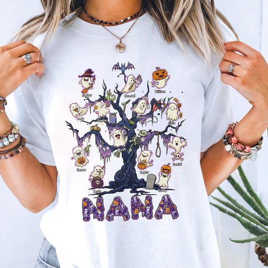 Halloween Boo Tree Custom T-shirt - Personalised Name Halloween Shirt, Gift for Grandma, Fun T-Shirt, Family Reunion Apparel
