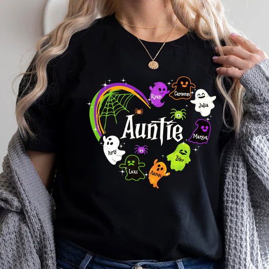 Halloween Custom T-shirt for Mom, Aunt, Grandma, Cute Ghost Personalised Kid's Name T-Shirt, Spooky Vibes, Perfect for Halloween Celebrations, Gift for Aunts, Casual Wear