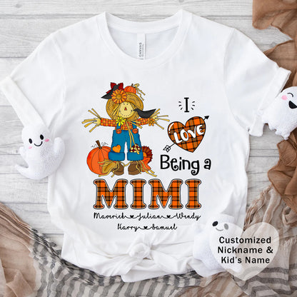 I Love Being a Grandma Tee, Mimi Personalised Kid's Name T-shirt - Custom Fall T-Shirt, Gift for Grandmothers, Family Gatherings, Autumn Celebrations, Scarecrow Design
