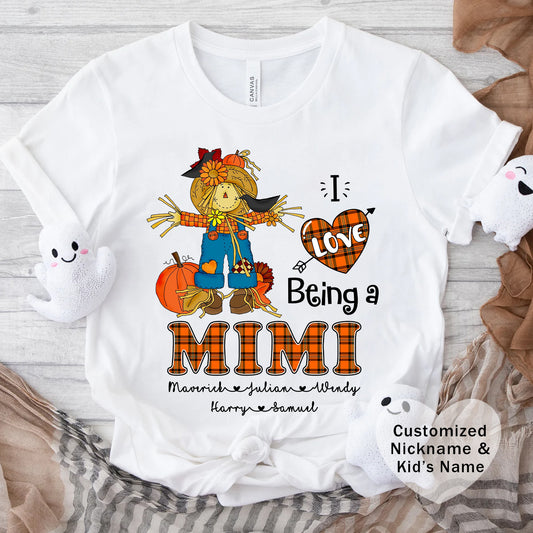 I Love Being a Grandma Tee, Mimi Personalised Kid's Name T-shirt - Custom Fall T-Shirt, Gift for Grandmothers, Family Gatherings, Autumn Celebrations, Scarecrow Design