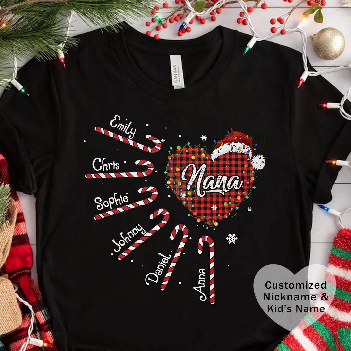 Nana Candy Cane Heart Christmas Tee – Personalized Grandma Holiday Shirt