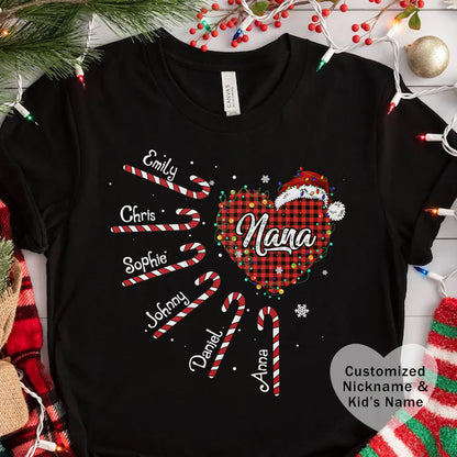 Nana Candy Cane Heart Christmas Tee – Personalized Grandma Holiday Shirt