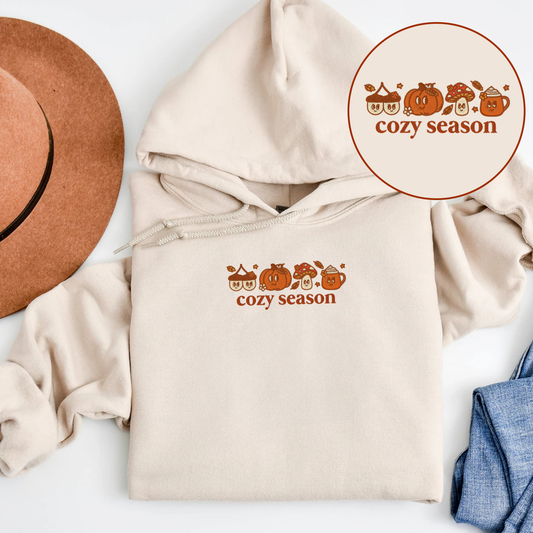 Autumn Cozy Season Hoodie, Embroidered Fall Hoodie with Pumpkin Spice, Cozy Autumn Crewneck for Thanksgiving, Cute Cottagecore Gift for Her, Trend Fall Gift
